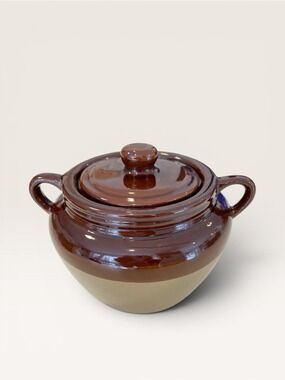 vintage Rustic ceramic jar brown tan bean pot with lid stoneware farmhouse décor